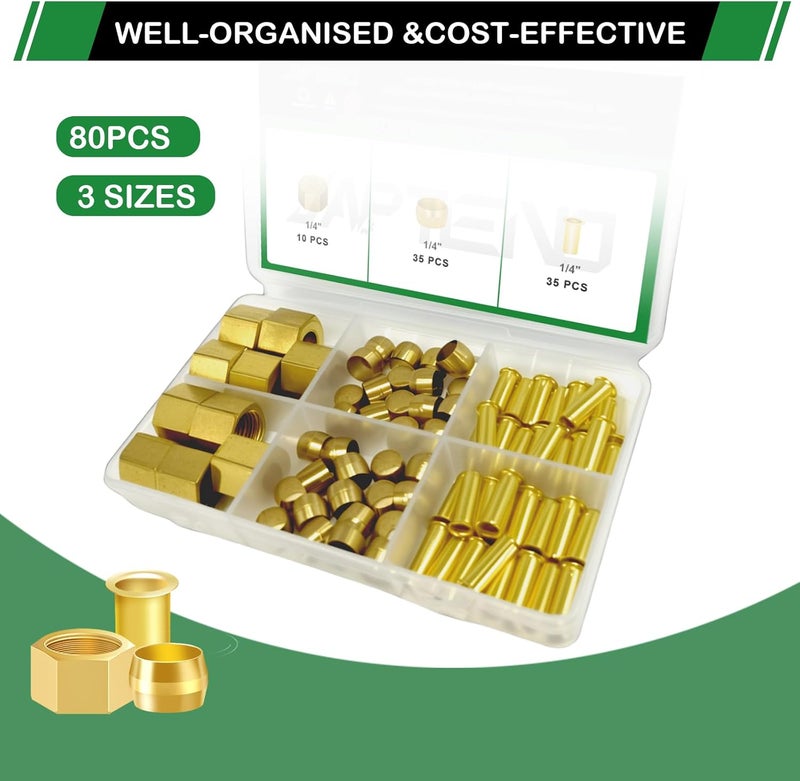 Japtend 80pcs 1/4" Brass Compression Sleeves Ferrules Inserts Nuts Fittings Assortment Kit, Air Hose Ferrules Kit of Air Water Fuel Oil Gas Tube Lines - Image 5